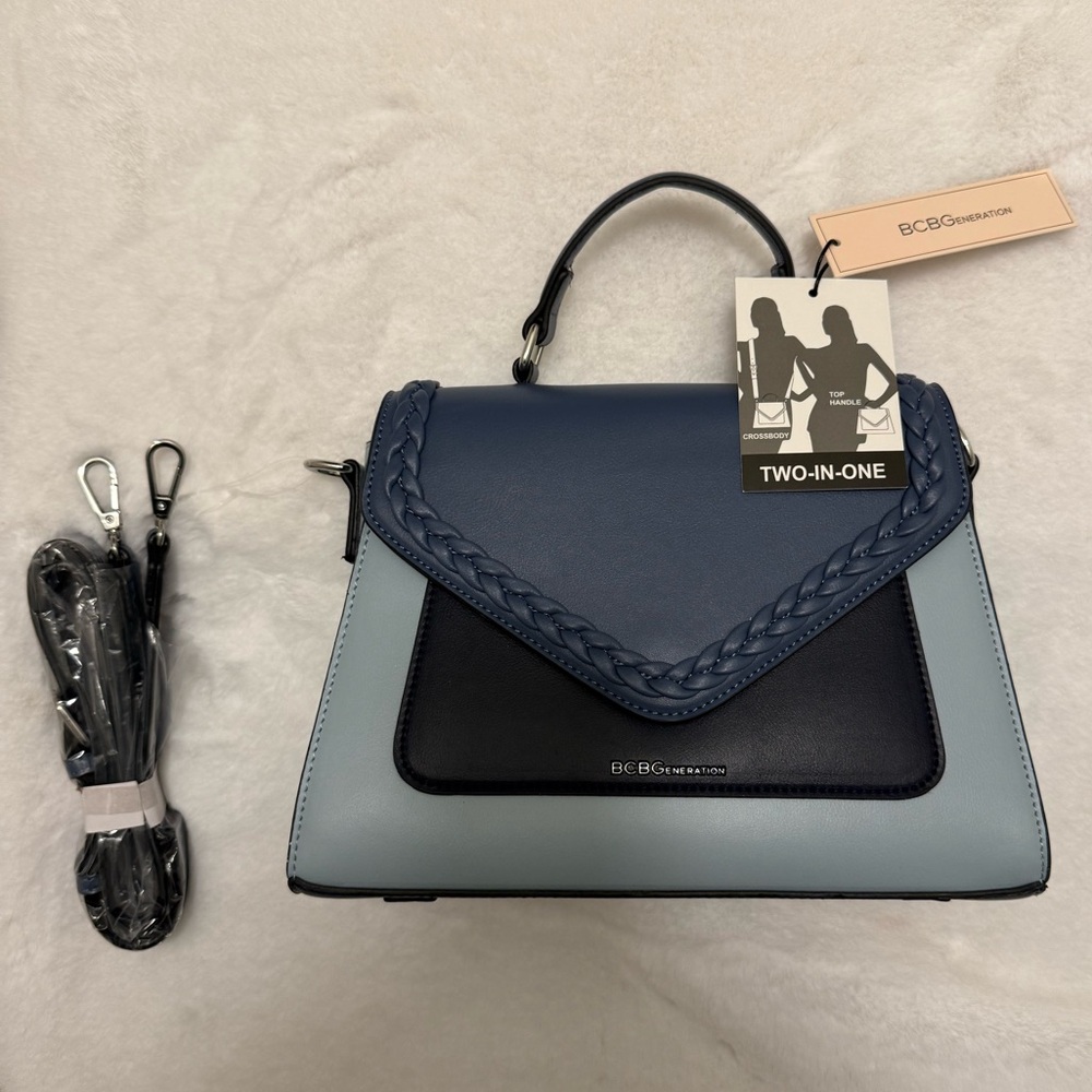 NWT - BCBG Blue Faux Leather Crossbody Bag with Modern Envelope Design
